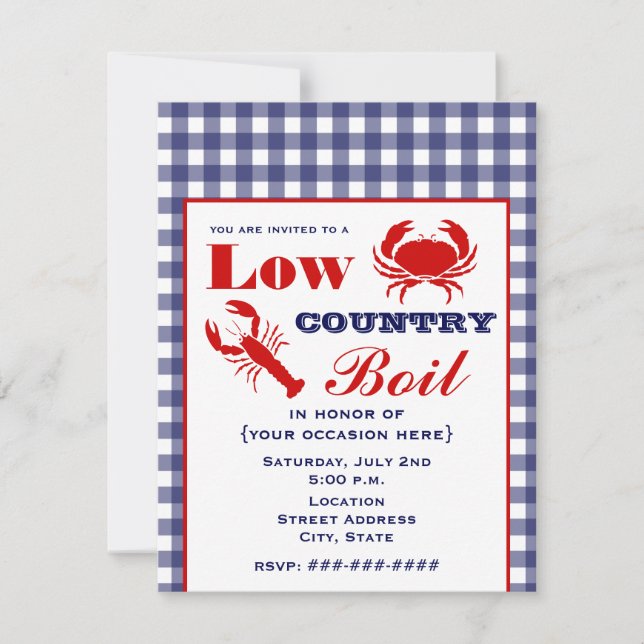 Low Country Boil Crab & Lobster Blue Gingham Invitation (Front)