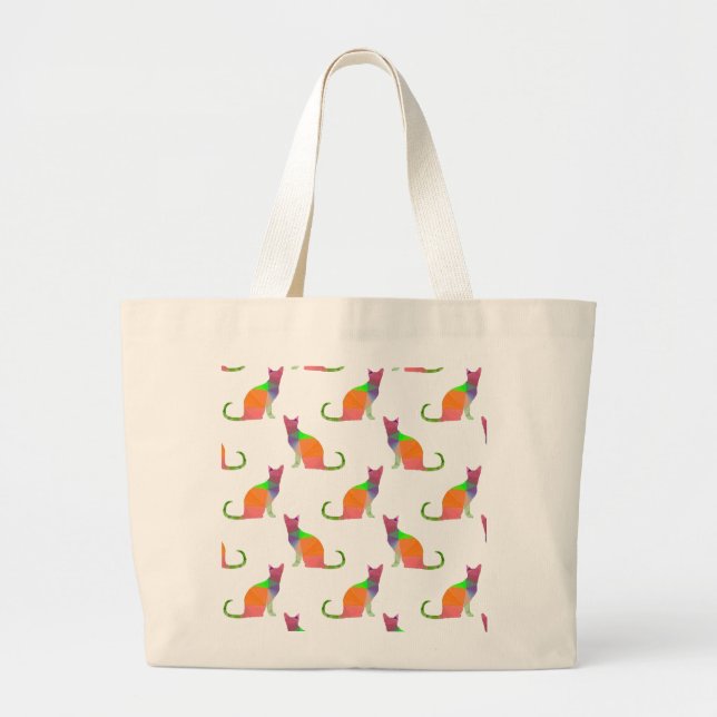 Low Poly Cat Silhouette Pattern Large Tote Bag (Front)