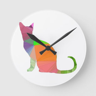 Low Poly Cat Silhouette Round Clock