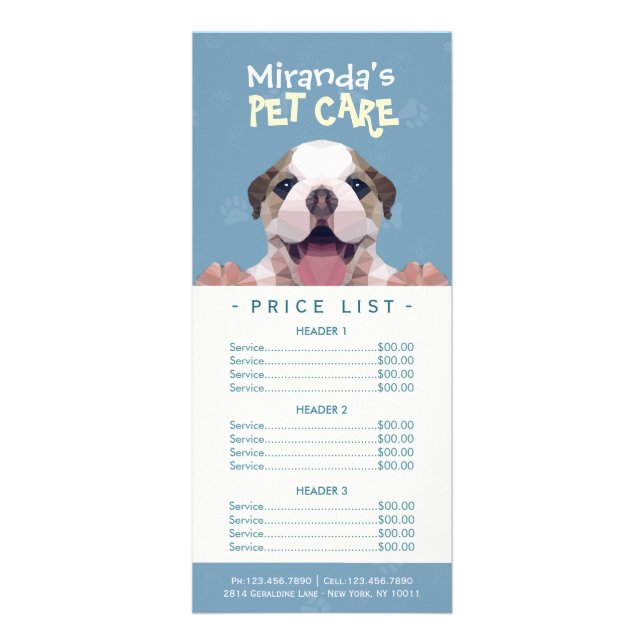 Low Poly Dog Pet Care Grooming Bathing Price List Rack Card (Front)