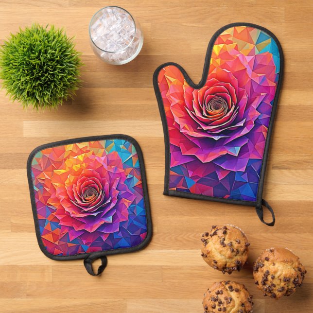 Low Poly Rose Bloom Abstract Art Oven Mitt & Pot Holder Set (Top Down)