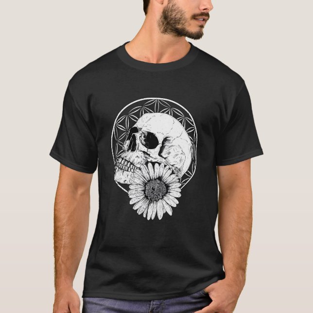 Lowbrow Macabre Streetwear Skull And Flower Black  T-Shirt (Front)