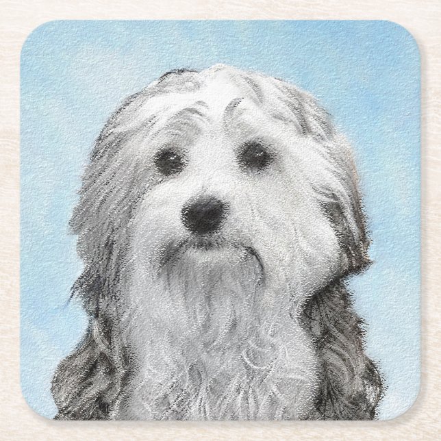 Lowchen Painting - Cute Original Dog Art Square Paper Coaster (Front)