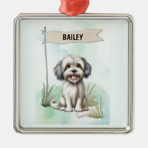 Lowchen Watercolor Personalised Dog Metal Tree Decoration