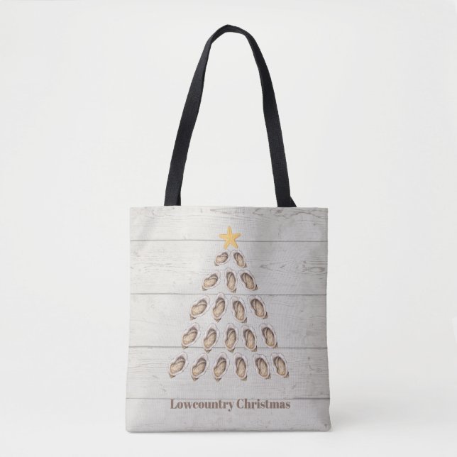 Lowcountry Oyster Christmas Tree on Wood Plank  Tote Bag (Front)
