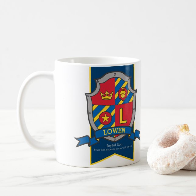 Lowen name meaning lion knight shield red blue coffee mug (With Donut)