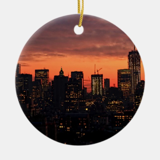 Lower Manhattan Skyline at Twilight, Pink Sky A1 Ceramic Tree Decoration (Front)