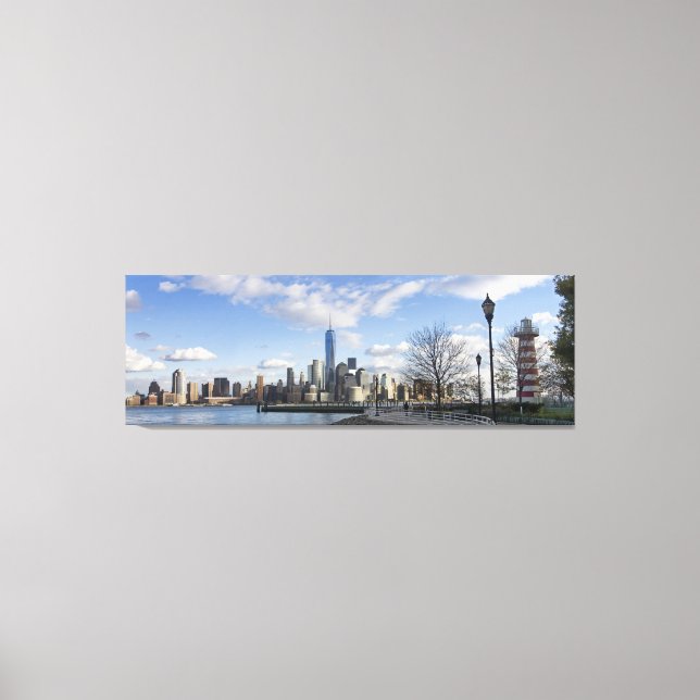 Lower Manhattan Skyline with Lighthouse Triptych Canvas Print (Front)