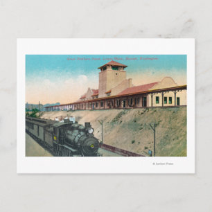 Lower View of Great Northern Depot and Train Postcard