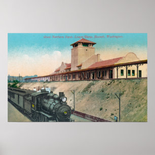 Lower View of Great Northern Depot and Train Poster