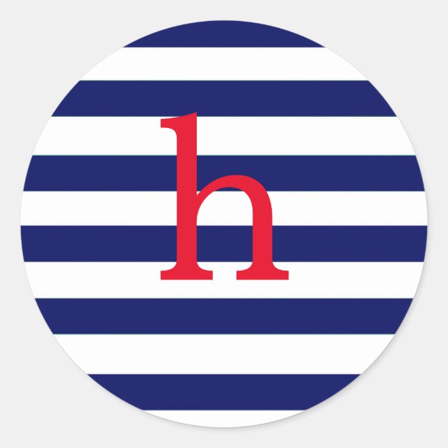 Lowercase Initial Monogram Navy Stripe Classic Round Sticker (Front)