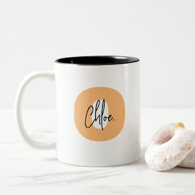 Lowercase Orange Initial Script Name Two-Tone Coffee Mug (With Donut)