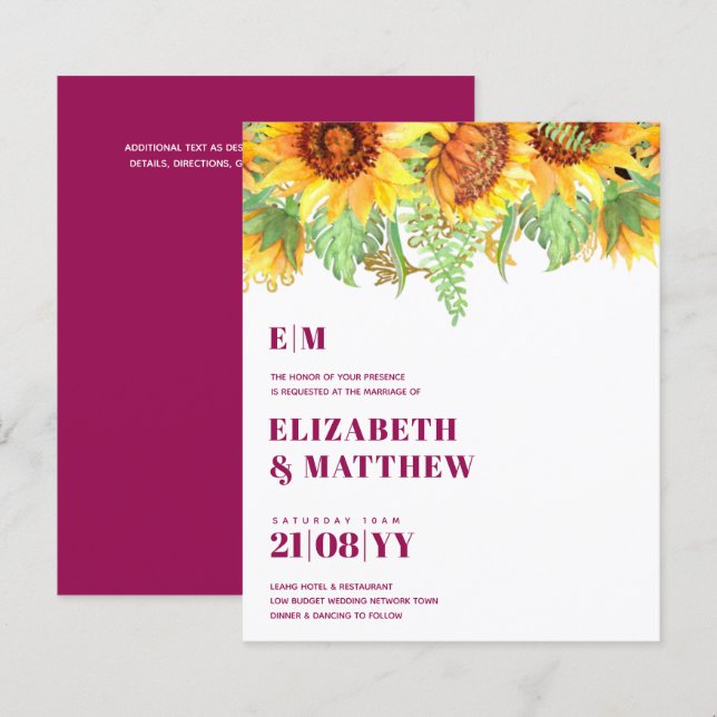 Lowest Budget Magenta Sunflowers Wedding Invite (Front/Back)