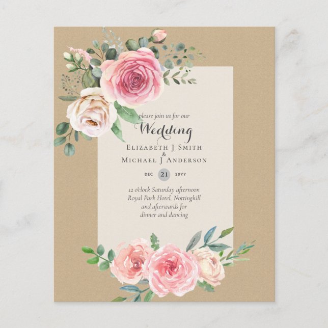LOWEST BUDGET Pink Roses Floral Wedding Invites Flyer (Front)