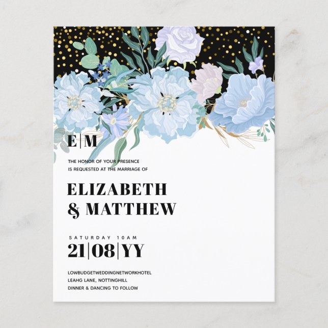 Lowest Budget Wedding FLYERS Blue Flowers Girly (Front)
