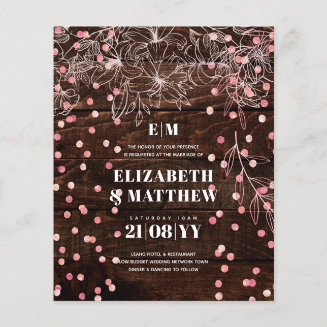 Lowest Budget Wedding FLYERS Rustic Rosegold (Front)