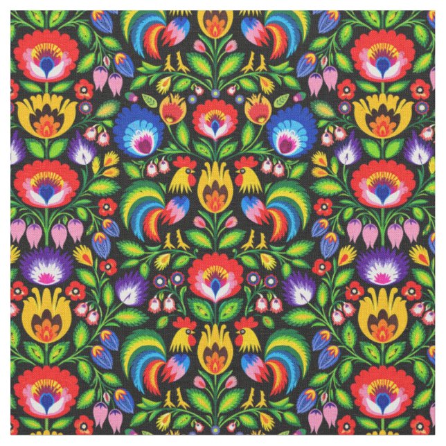 Lowicz Rooster Garden Fabric (Close Up)