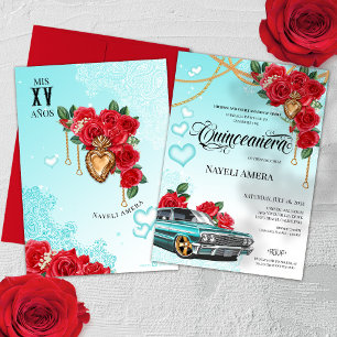 Lowrider Chola Chicano Red Rose Quinceanera Invitation