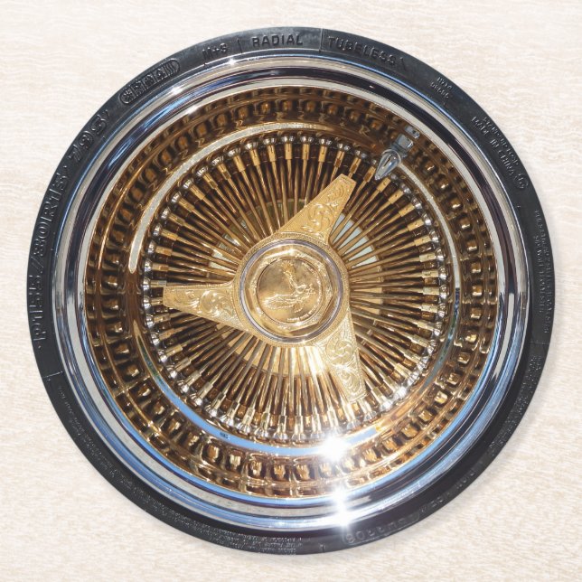 Lowrider Gold Wire Wheels Low Rider Rims Tires Round Paper Coaster (Front)