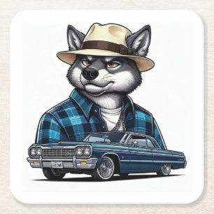 Lowrider Wolf Square Paper Coaster