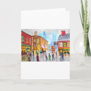 Lowry inspired busy street scene painting tram card