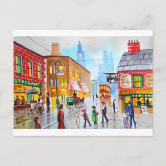 Lowry inspired busy street scene painting tram postcard
