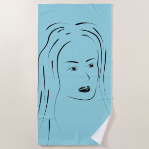 Loyal Black Line Art Woman Face Digital Hand-drawn Beach Towel