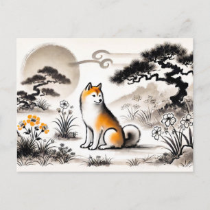 Loyal Dog in Garden Under Bonsai ink art Holiday Postcard