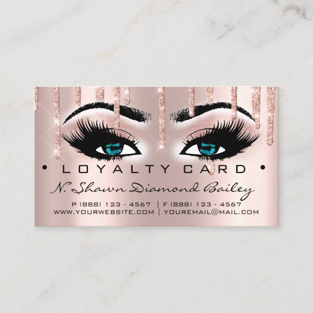 Loyalty Card 6 Beauty Salon Lashes Rose Blue Drips (Front)