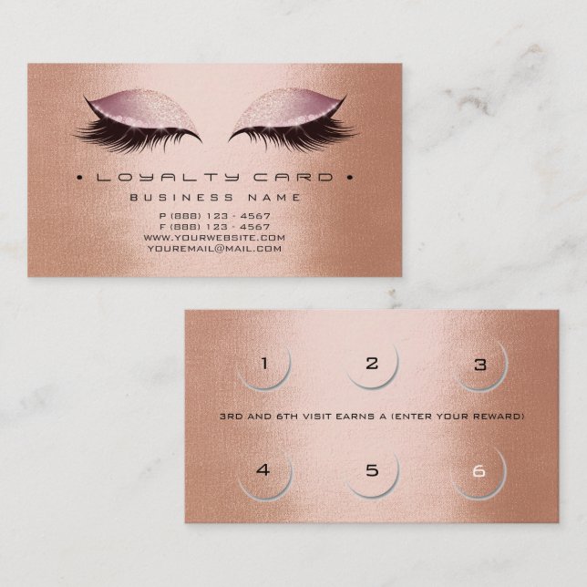 Loyalty Card 6 Beauty Salon Makeup Copper Rose Gol (Front/Back)
