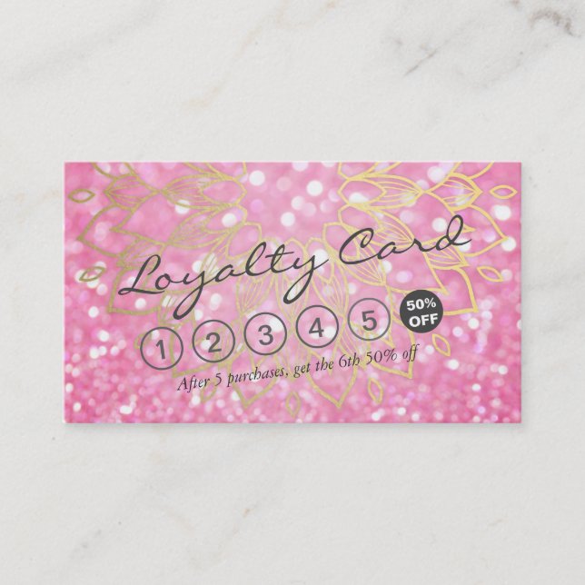 Loyalty Card Pink Glitter Gold Floral Makeup Hair (Front)