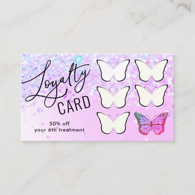 loyalty card purple faux glitter butterfly (Front)