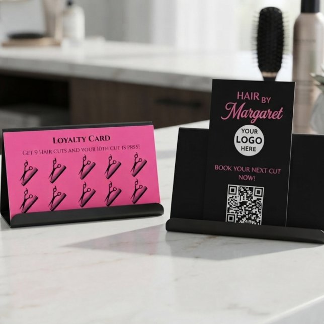 Loyalty Card QR Code Logo Pink Black Hair Salon (Creator Uploaded)