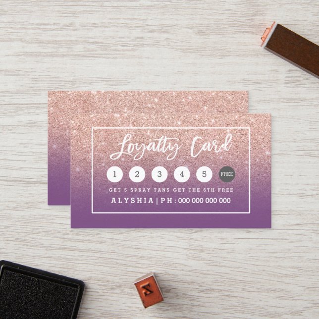 Loyalty card rose gold typography purple (Front/Back In Situ)