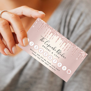 Loyalty Cupcake Bakery Chef Rose Gold Glitter Drip Business Card