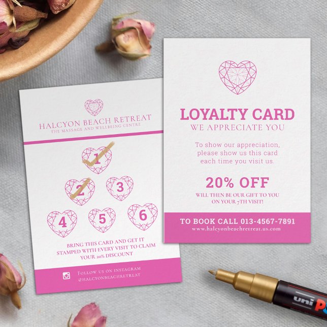 Loyalty love promotion seventh visit 20% off pink business card (Creator Uploaded)