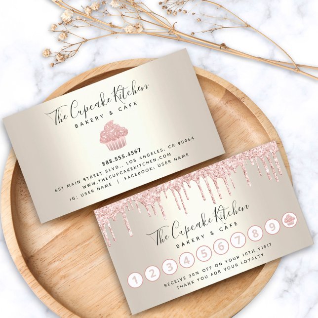 Loyalty Pink Glitter Drip Cupcake Bakery Chef Gold Business Card (Creator Uploaded)