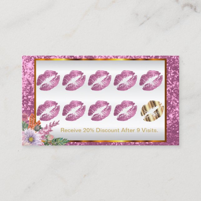 Loyalty Punch Card  Floral Pink Glitter and Gold 2 (Front)