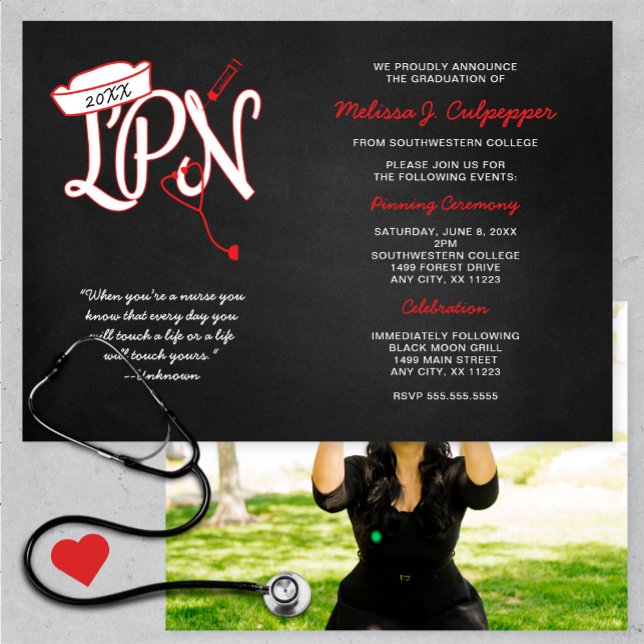 LPN photo graduation pinning party chalkboard red Invitation (Creator Uploaded)