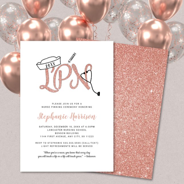 LPN pinning ceremony invitation, rose gold glitter Invitation (Creator Uploaded)
