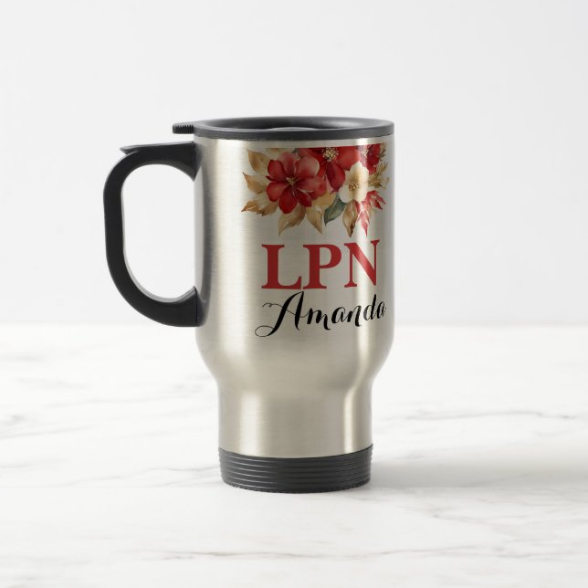LPN Watercolor Red Christmas Greenery Graduation Travel Mug (Left)