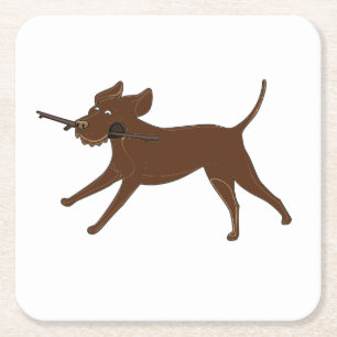 LR chocolate lab with stick Square Paper Coaster
