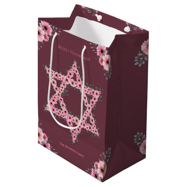 L'Shanah Tovah Star of David Pink Flower Medium Gift Bag (Front Angled)