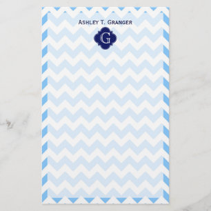 Lt Blu Wht Chevron Zigzag Navy Quatrefoil Monogram Stationery
