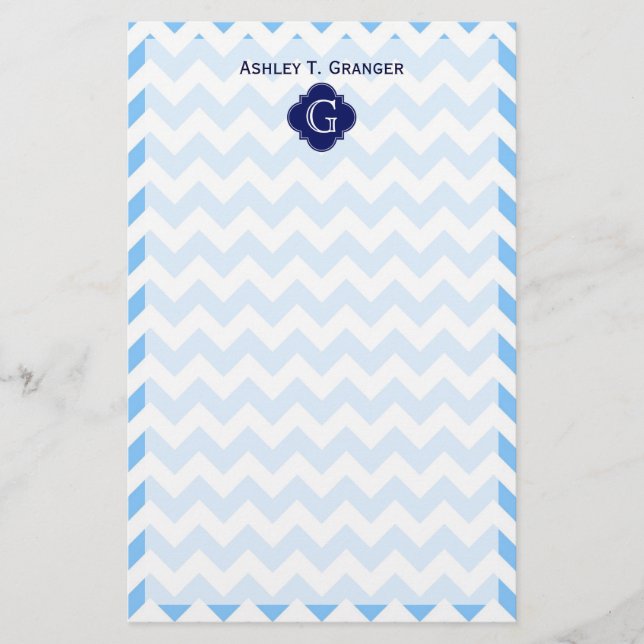 Lt Blu Wht Chevron Zigzag Navy Quatrefoil Monogram Stationery (Front)
