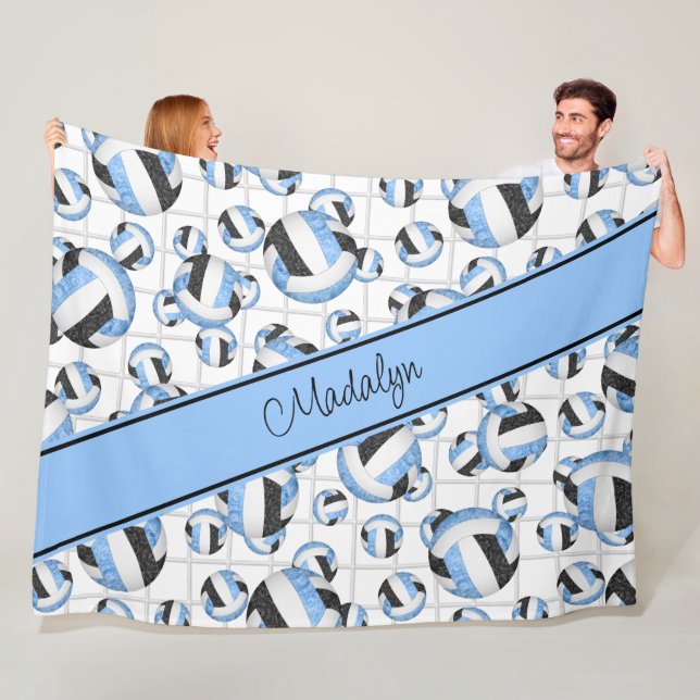 Lt blue black girly volleyballs pattern net accent fleece blanket (In Situ)
