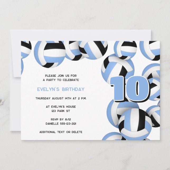 lt blue black volleyball boys girls birthday party invitation (Front)