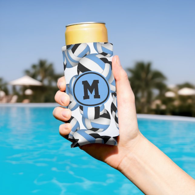 Lt blue black volleyballs pattern player monogram seltzer can cooler (In Situ Pool)