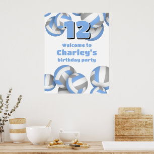 lt blue gray volleyballs birthday party welcome poster