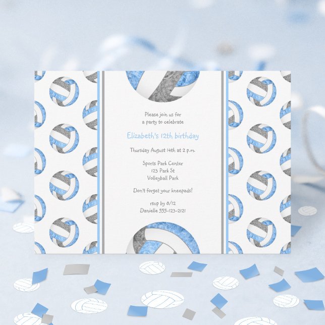 lt blue grey girls cute volleyball birthday party invitation (Creator Uploaded)